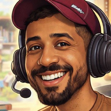 Ilustração de Giovani Junior, de boné e fone, sorrindo no computador
